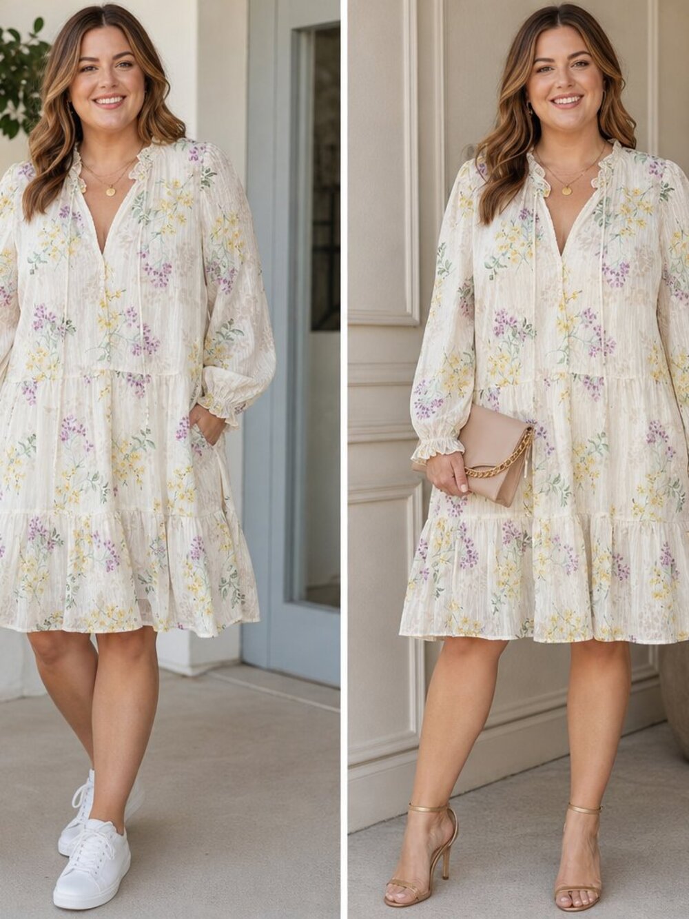Taylor Floral Long‑Sleeve Tiered Dress – Size 12